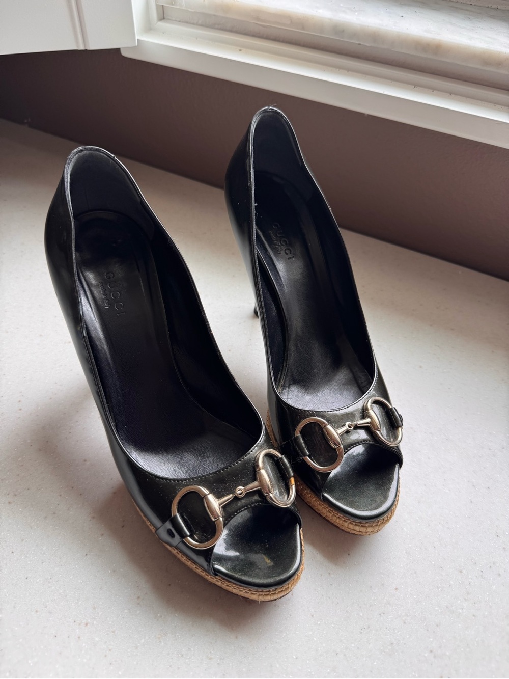Gucci Black Leather Peep-Toe Heels with Gold Horsebit Accent